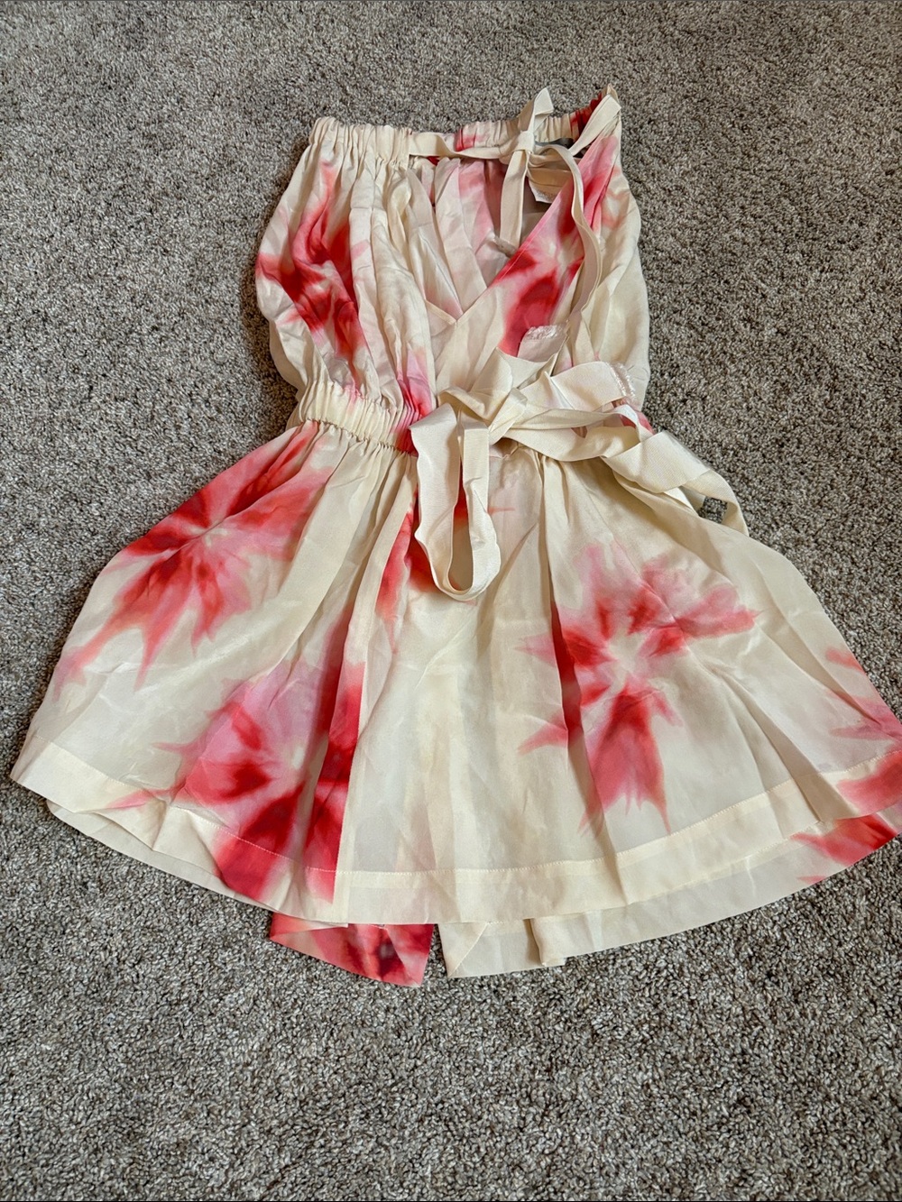 Sportmax Cream Sundress with Pink-Red Tie-Dye Floral Accents 100%silk